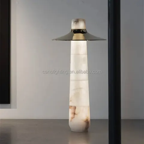 Lampadaire en albâtre Botein, colonne à chapeau de laiton