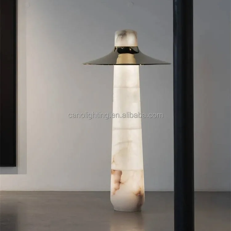 Lampadaire en albâtre Botein, colonne à chapeau de laiton
