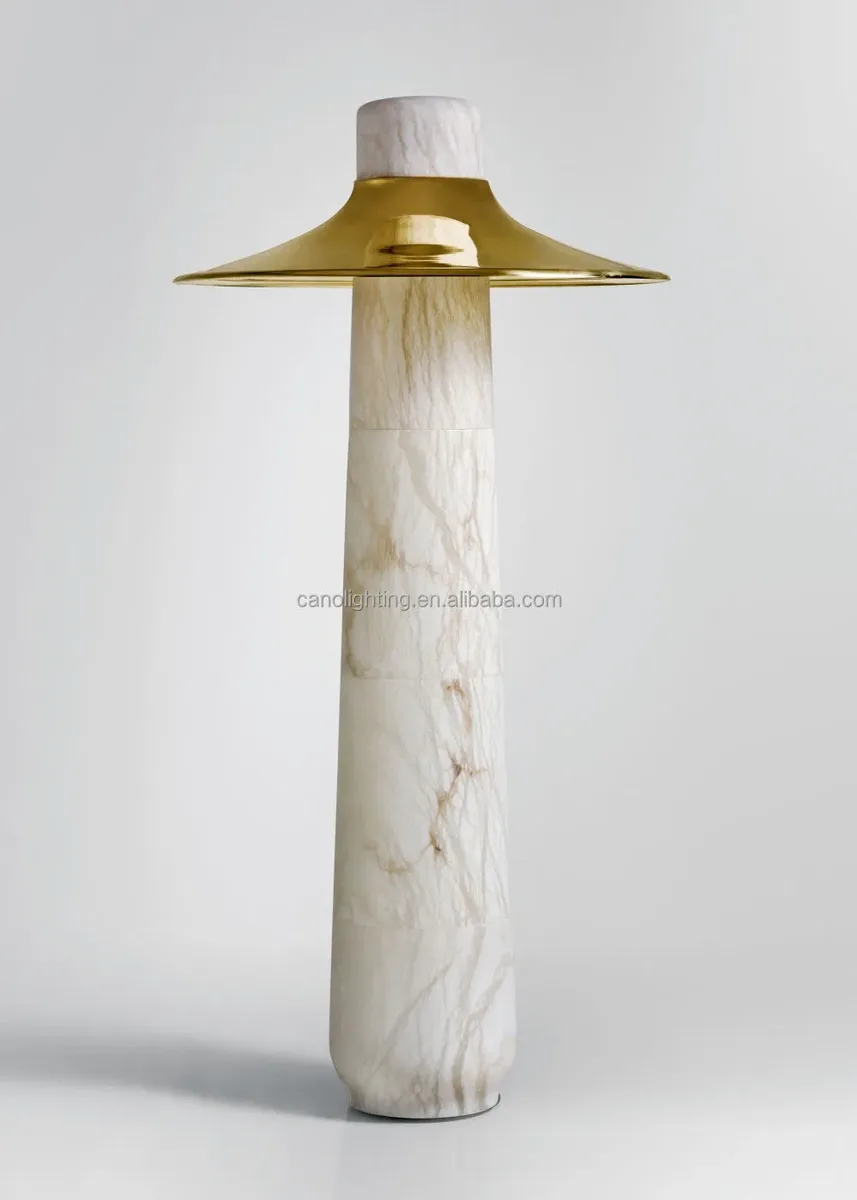 Lampadaire en albâtre Botein, colonne à chapeau de laiton, vue 3 sur 6
