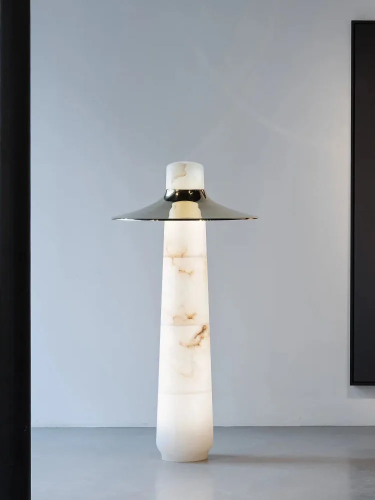 Lampadaire en albâtre Botein, colonne à chapeau de laiton, vue 6 sur 6