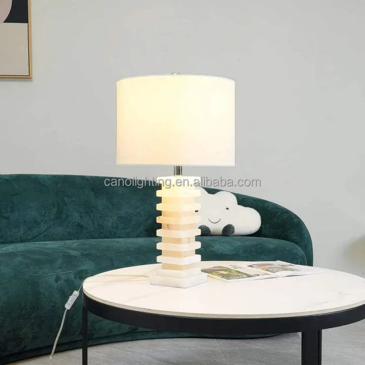 Lampe en albâtre Alshain, pied en blocs, abat-jour, vue 4 sur 6