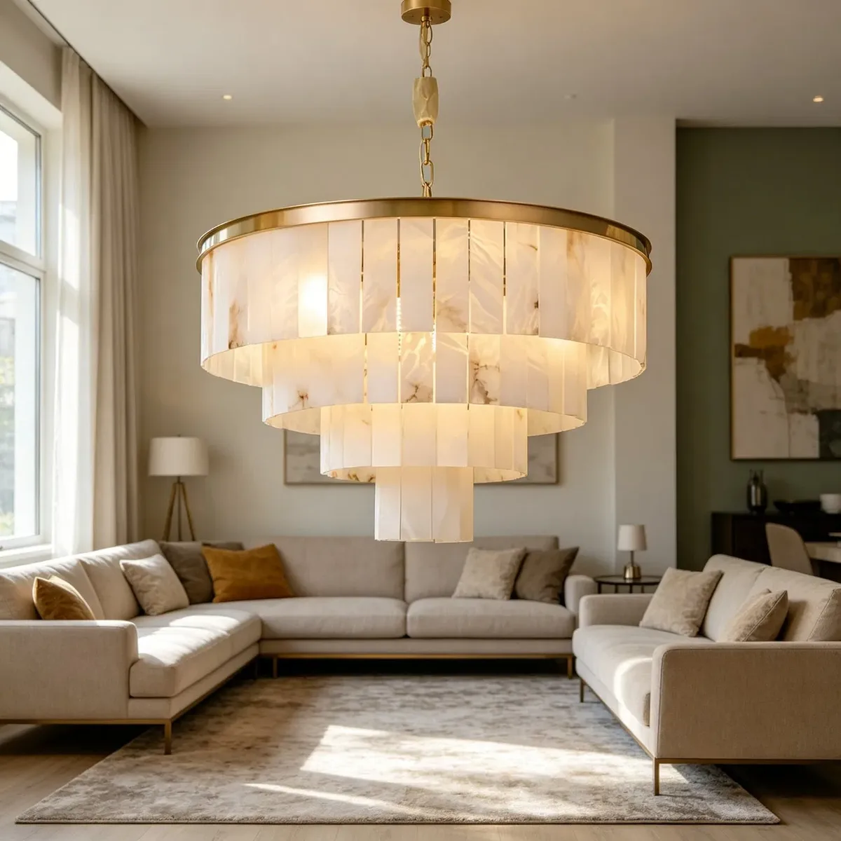 Lustre en albâtre Megrez, tambour à étages, vue 3 sur 6
