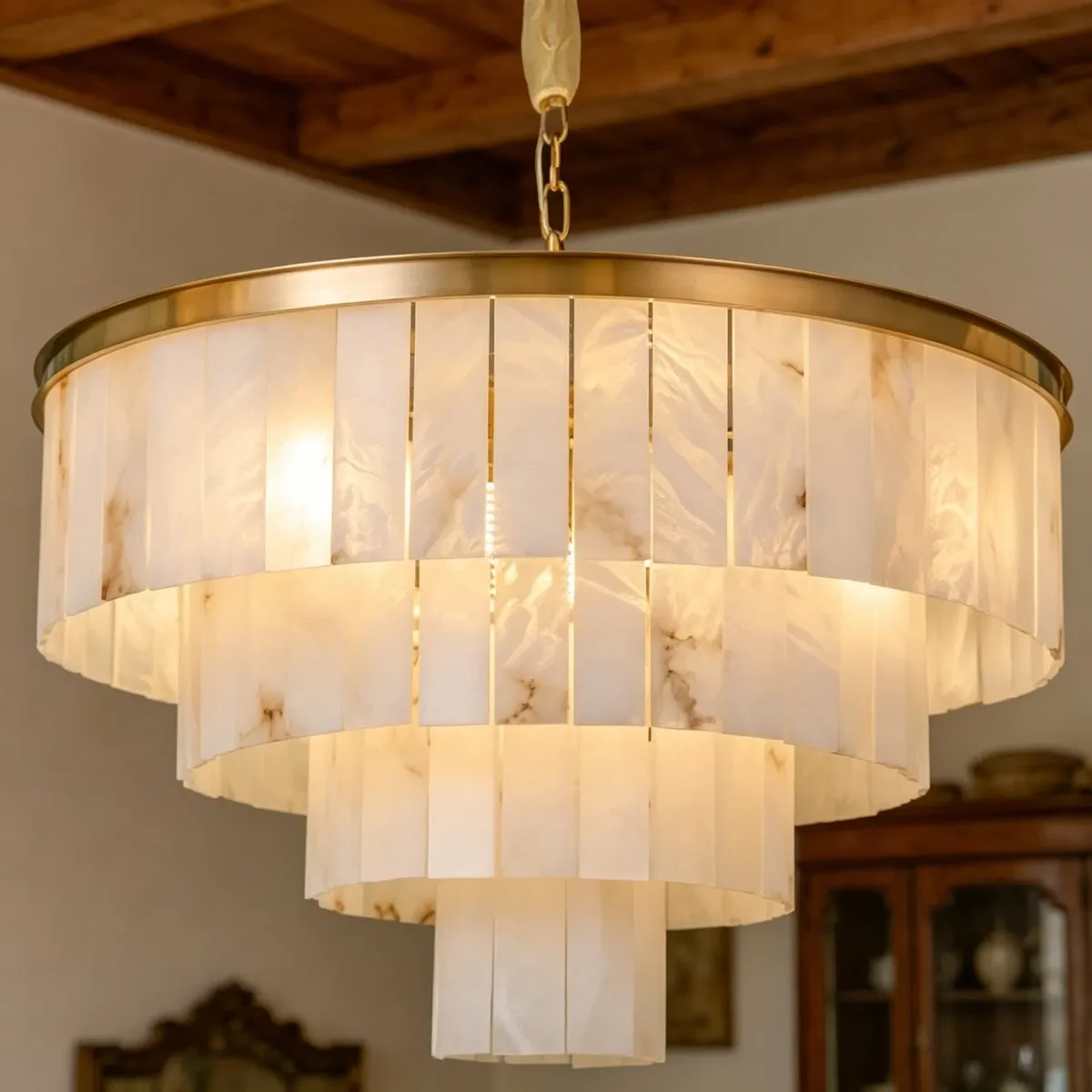 Lustre en albâtre Megrez, tambour à étages, vue 4 sur 6