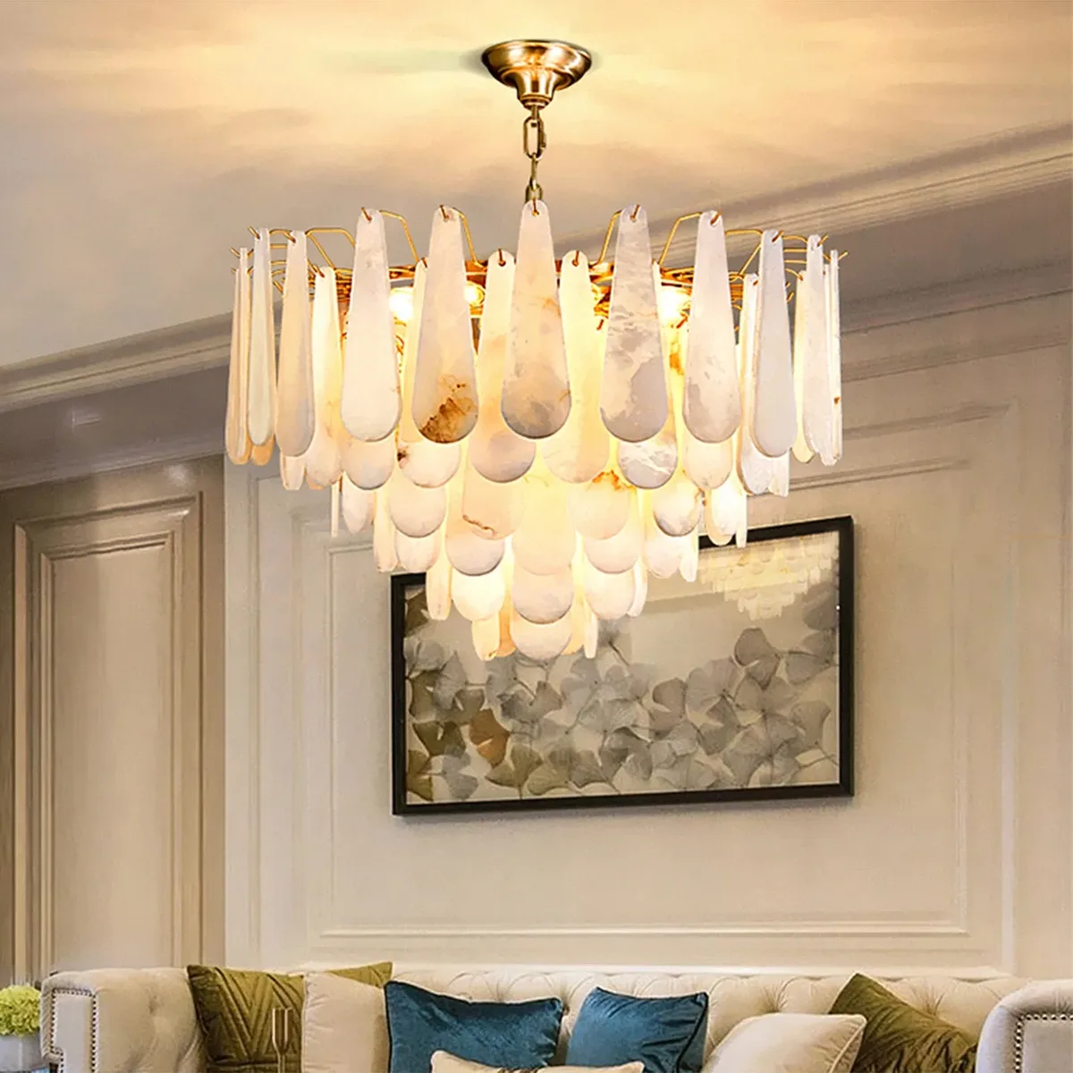 Lustre en albâtre Scheat, à feuilles d'albâtre, vue 3 sur 6