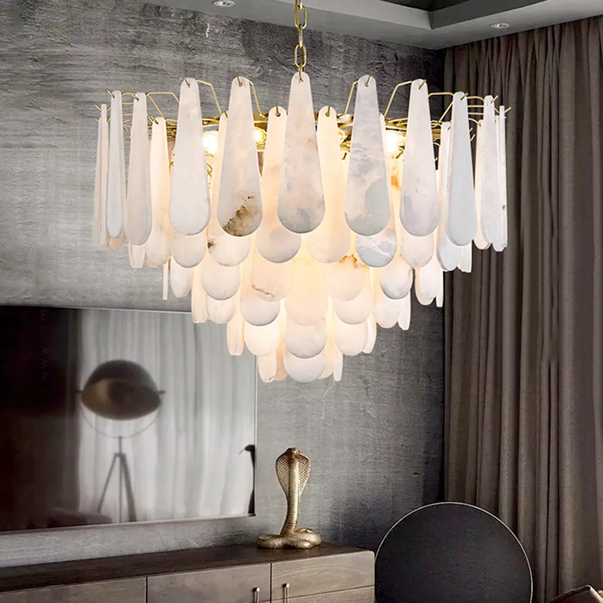 Lustre en albâtre Scheat, à feuilles d'albâtre, vue 4 sur 6