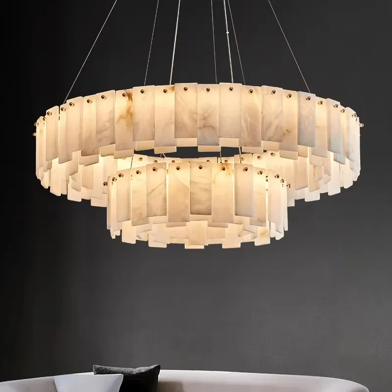 Lustre en albâtre Wezen, deux anneaux crénelés, vue 5 sur 6