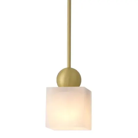 Suspension en albâtre Véga, cube et boule de laiton